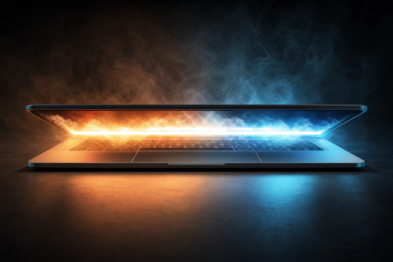 A laptop opening, glowing with creative energy