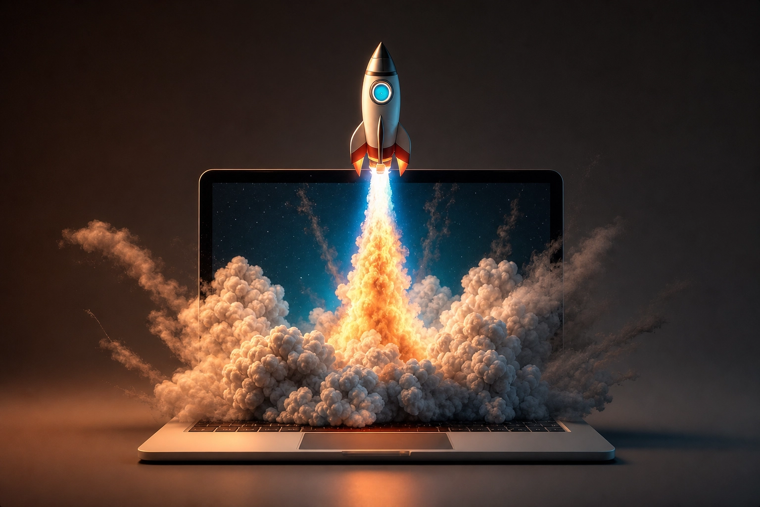 A rocket beginning to emerge from a laptop screen
